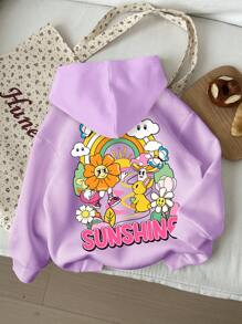 SHEIN Leap Crew 年轻女孩休闲舒适笑脸图案针织长袖运动衫，适合秋冬季 - 紫色 - 查看 1