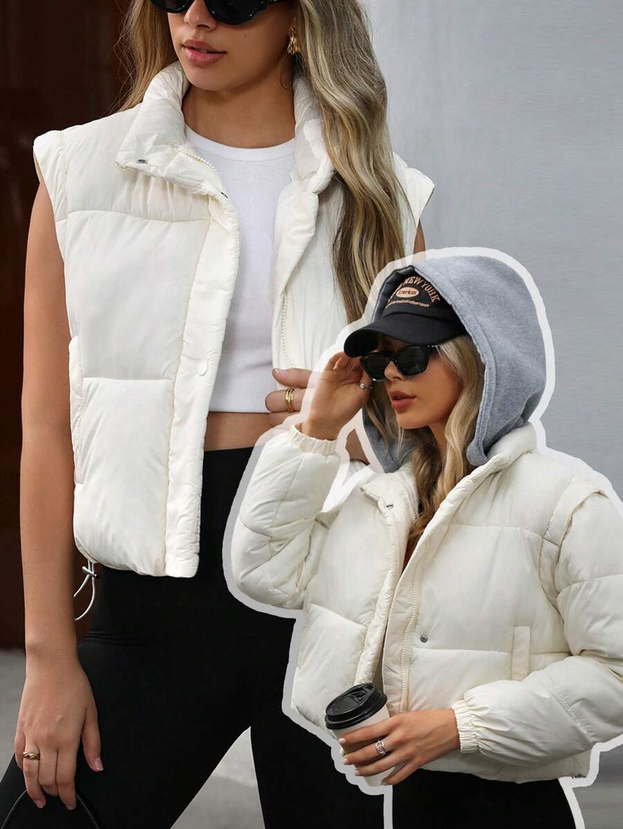 Aveloria Abrigo de invierno de mujer con mangas desmontables, holgado, en forma de O, con relleno acolchado de aislamiento sintético de color contrastante - Albaricoque - Ver 1