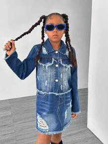 SHEIN Explorewe Tween Girls Long Sleeve Top And Denim Skirt 2-Piece Set - Medium Wash - View 4