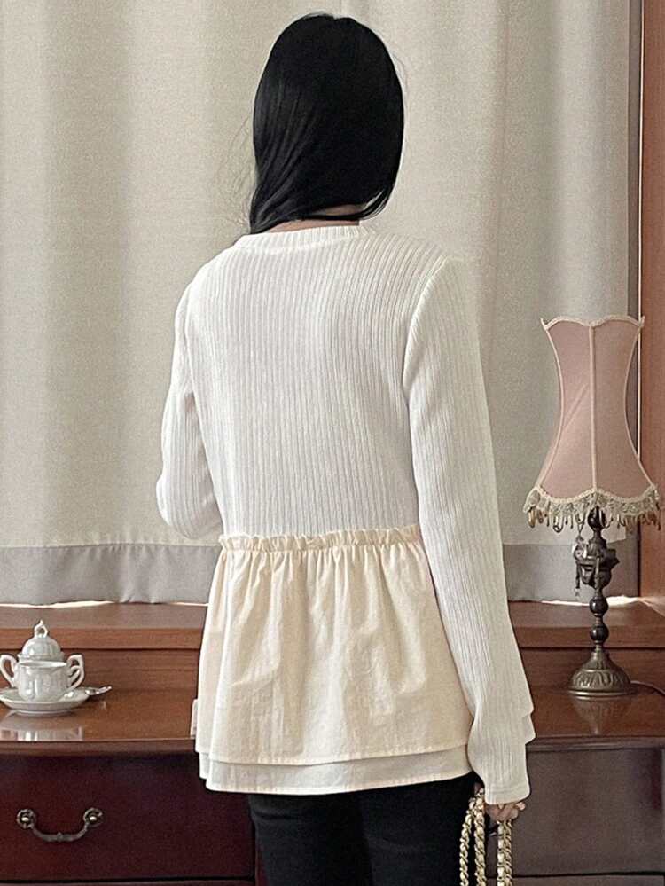 Women's Spring/Autumn Long Sleeve Crew Neck Knit Top With Bowknot Decor And Ruffle Hem