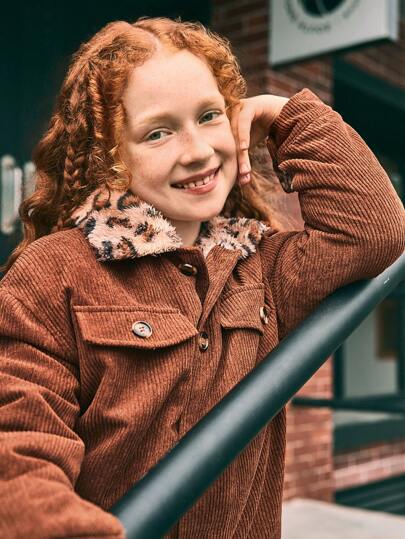 SHEIN Explorewe 青少年女孩时尚休闲豹纹保暖内衬夹克，带毛领，适合秋冬季