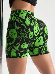 Menodora SHEIN Sport Women Seamless Halloween Green Sports Shorts - Green - View 2