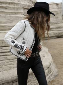 Aveloria Modichic 法式优雅风极简黑白拼色刺绣花朵轻薄长袖夹棉棉服秋冬装 - 米色 - 查看 8