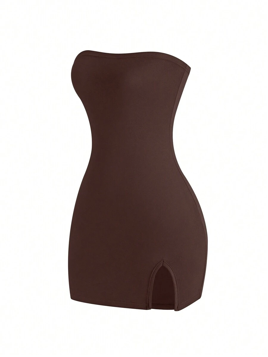 Sweetra Vestido ajustado de mujer con abertura lateral y sin tirantes, mini corto de verano para mujer, outfit - Café integral - Ver 1