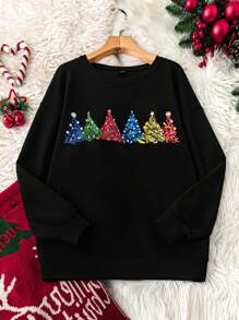 SHEIN LUNE Plus Size Christmas Tree Print Casual Sweatshirt For Fall/Winter Clothes - Black - View 1