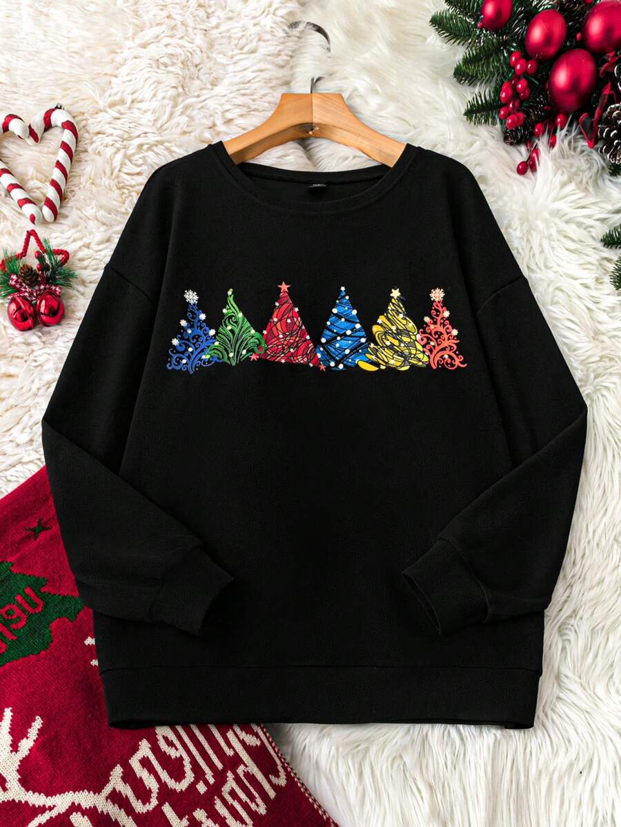 SHEIN LUNE Plus Size Christmas Tree Print Casual Sweatshirt For Fall/Winter Clothes - Black - View 1