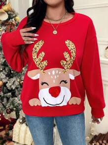 SHEIN VCAY 秋冬大码圣诞卡通印花卫衣 - 紅色 - 查看 5