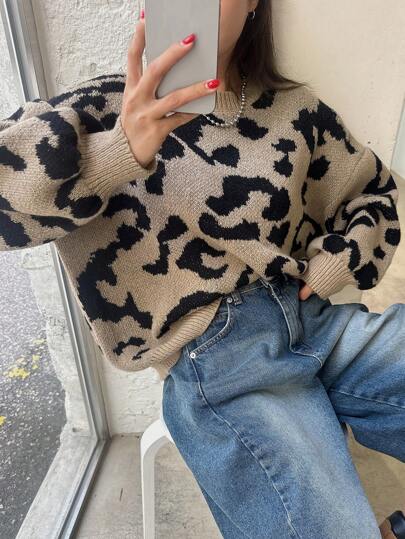 DAZY Suéter holgado de cuello redondo con estampado de leopardo para mujer, tops de manga larga, ropa de otoño