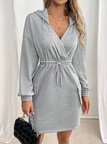SHEIN LUNE Damen lässiger Jumpsuit Kleid mit Kordelzug Kapuze für Frühling & Herbst