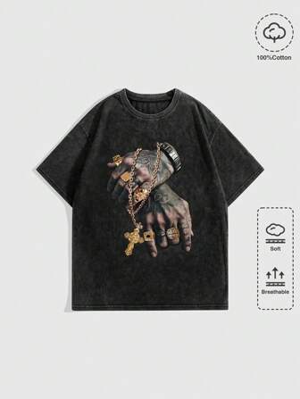 Street Life T-shirt graphique avec motif flocon de neige métallique délavé, style punk de rue