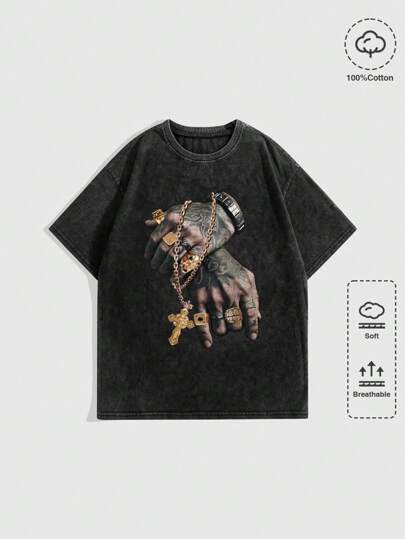 Street Life T-shirt graphique avec motif flocon de neige métallique délavé, style punk de rue