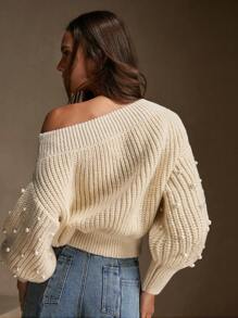 Anewsta Women's Elegant Handmade Beaded Shoulder Lantern Sleeve Sweater, Autumn/Winter