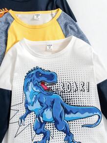 Jonge jongen schattige dinosaurus print patchwork lange mouwen ronde hals T-shirt, lente herfst