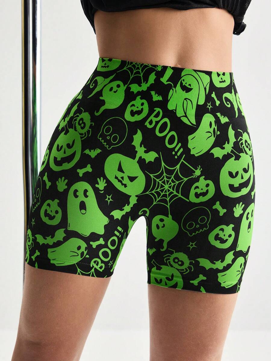 Menodora SHEIN Sport Women Seamless Halloween Green Sports Shorts - Green - View 1