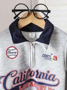 Young Boy Casual Sports Letter Print Half-Zip Collar Sweatshirt. The Letter Printed Design On The Sweatshirt Showcases A Sporty Style, And The Half-Zip Collar Design Is Fashionable And Casual. Suitable For Young Boys To Wear In Daily Life, Creating A Relaxed And Sporty Atmosphere - Light Grey - View 3