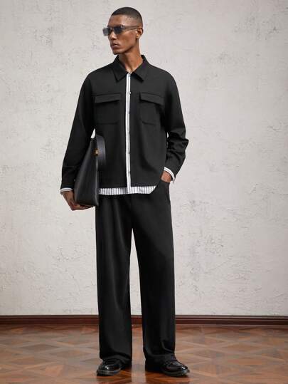 AKNOTIC Business Casual 男士拼色长袖宽松休闲衬衫夹克，适合秋季，秋冬