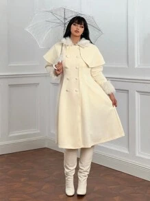 Lyrianda Plus Size Women's Solid Color Long Woolen Casual Coat - White - View 5