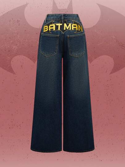 Batman X ROMWE Back To School Street Style Vintage Washed Contrast Color Embroidery Loose Wide-Leg Boy Friend Jeans