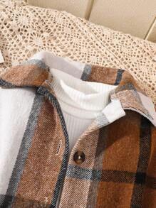 SHEIN Explorewe 女婴格子夹克、裙子和纯色长袖上衣三件套服装，秋冬 - 卡其色 - 查看 4