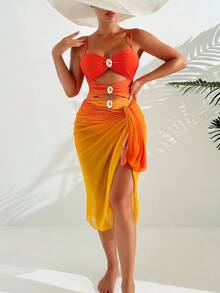 2pcs/Set Ombre Orange Cutout Swimsuit With Mesh Skirt - Orange - View 3