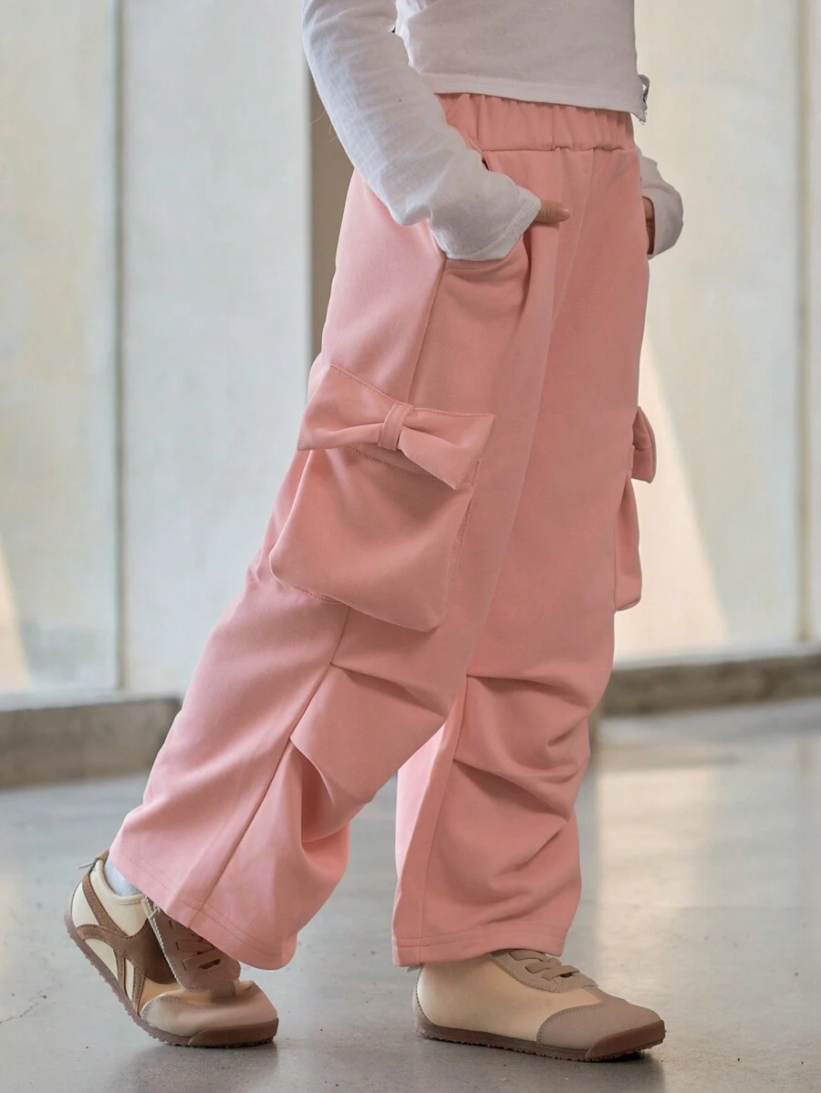 Girls'Baby Pink Bow Cargo Pants,Summer Back-To-School Practical Pockets Leg Workwear Sweet Style Autumn/Winter Decorated With Large Bow Cool Pants - Baby Pink - View 1