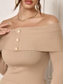 Modelyn 2pcs Women Solid Color Off-Shoulder Long Sleeve Sweater And Long Maxi Skirt Set, Elegant Outfit 2 Pieces Set - Khaki - View 2