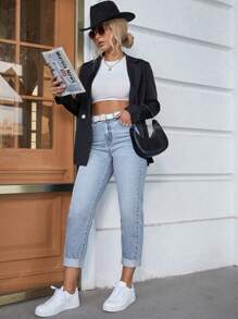 SHEIN Essnce Pantalon denim court et décontracté pour femmes avec ourlet roulé et poches