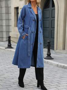 Lång jeansjacka för kvinnor med Dolman-ärmar, höst/vinter vindjacka - Mediumtvätt - Visa 5