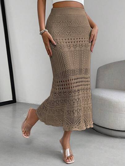 Almamuse 女士纯色镂空长款优雅针织裙