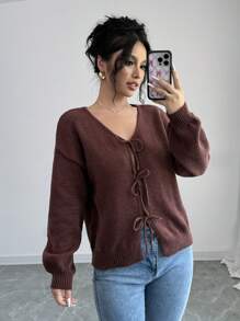 Selianne Women's Solid Color Drop Shoulder Long Sleeve Front-Tie Cardigan, Autumn/Winter,Long Sleeve Tops Fall Cloth For Women - Coffee Brown - View 3