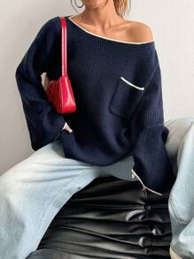 Flirla Suéter holgado de punto con bolsillo, de manga larga, con borde de color contrastante, para mujer, de otoño e invierno