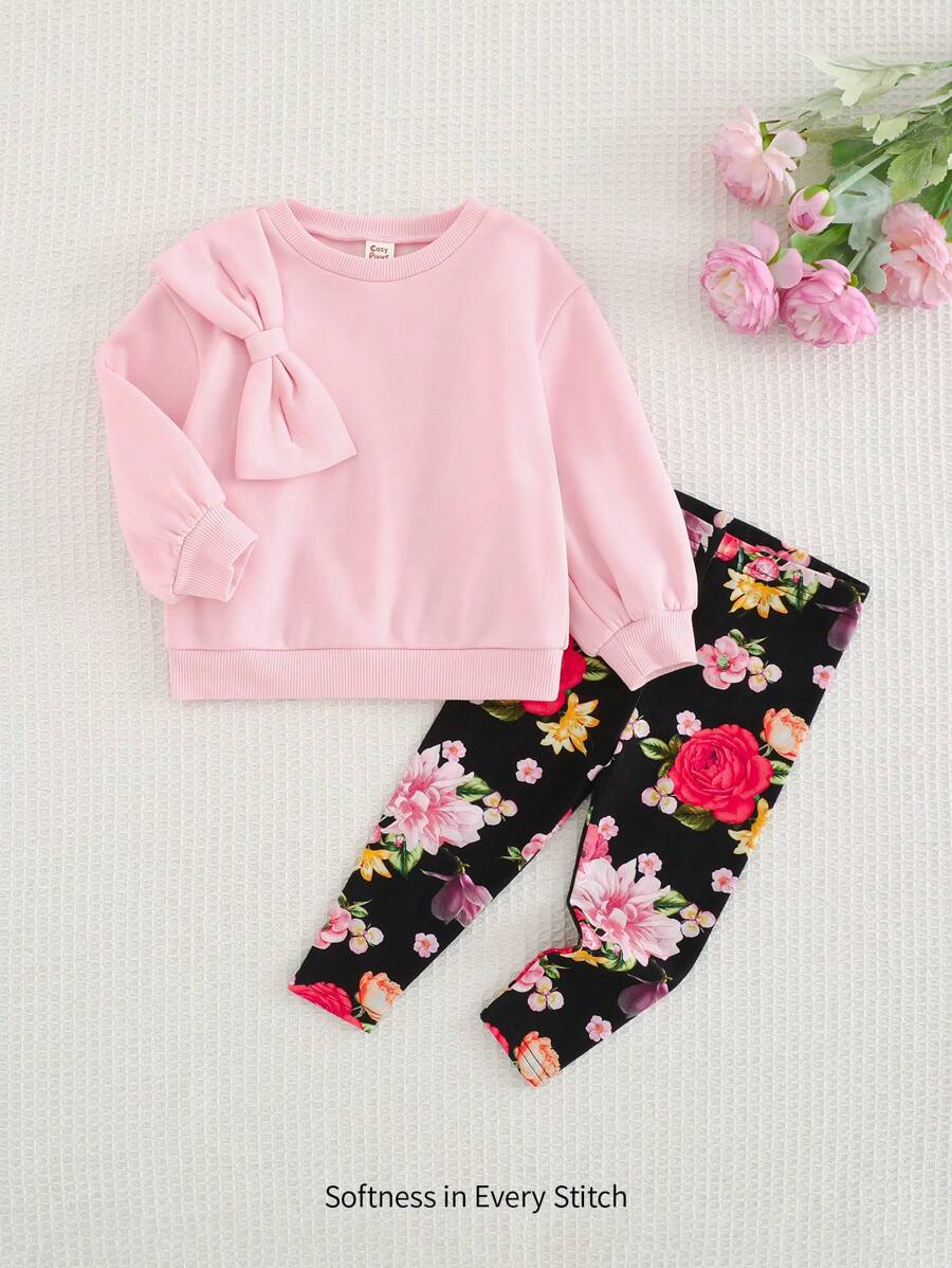 Bộ 2 áo nỉ Raglan trang trí nơ lớn cho bé gái và quần hoa cạp chun - Nhiều màu - Xem 1