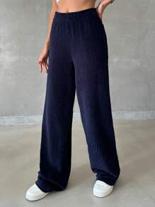 EURMUSE Women Solid Color Wide Leg Pants - Navy Blue - View 4