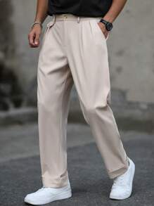 Manfinity Homme Men's Solid Color Pleated Pocket Straight-Leg Casual Office Trousers - Khaki - View 4