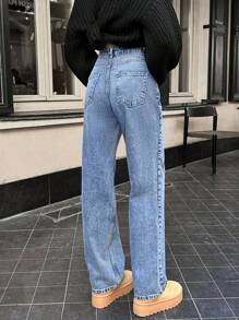 Cottnline 100% Cotton Women's Casual Loose Fitting Pocket Straight Leg Jeans - Biru - View 2