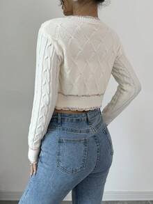 SHEIN Essnce 女士 V 领长袖短款优雅开衫，秋冬 - 米色 - 查看 2