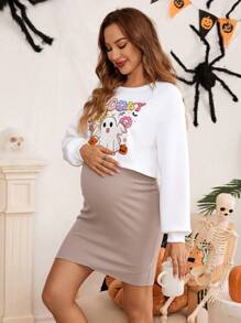 SHEIN 2pcs Maternity Halloween Costumes For Women: White Long Sleeve Sweatshirt And Adjustable Waist Ruched Skirt, Fall - Multicolor - View 4
