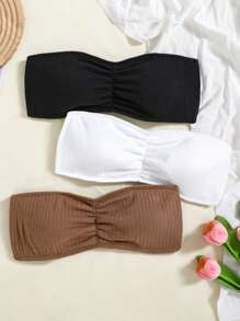 SHEIN 3 件套青少年女孩简约舒适可拆卸加垫聚拢透气柔软吊带背心文胸套装 - 黑色 - 查看 3