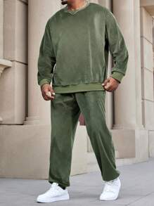 Manfinity Homme Men Plus Size Solid Color Casual Sweatshirt And Sweatpants Set - Army Green - View 5