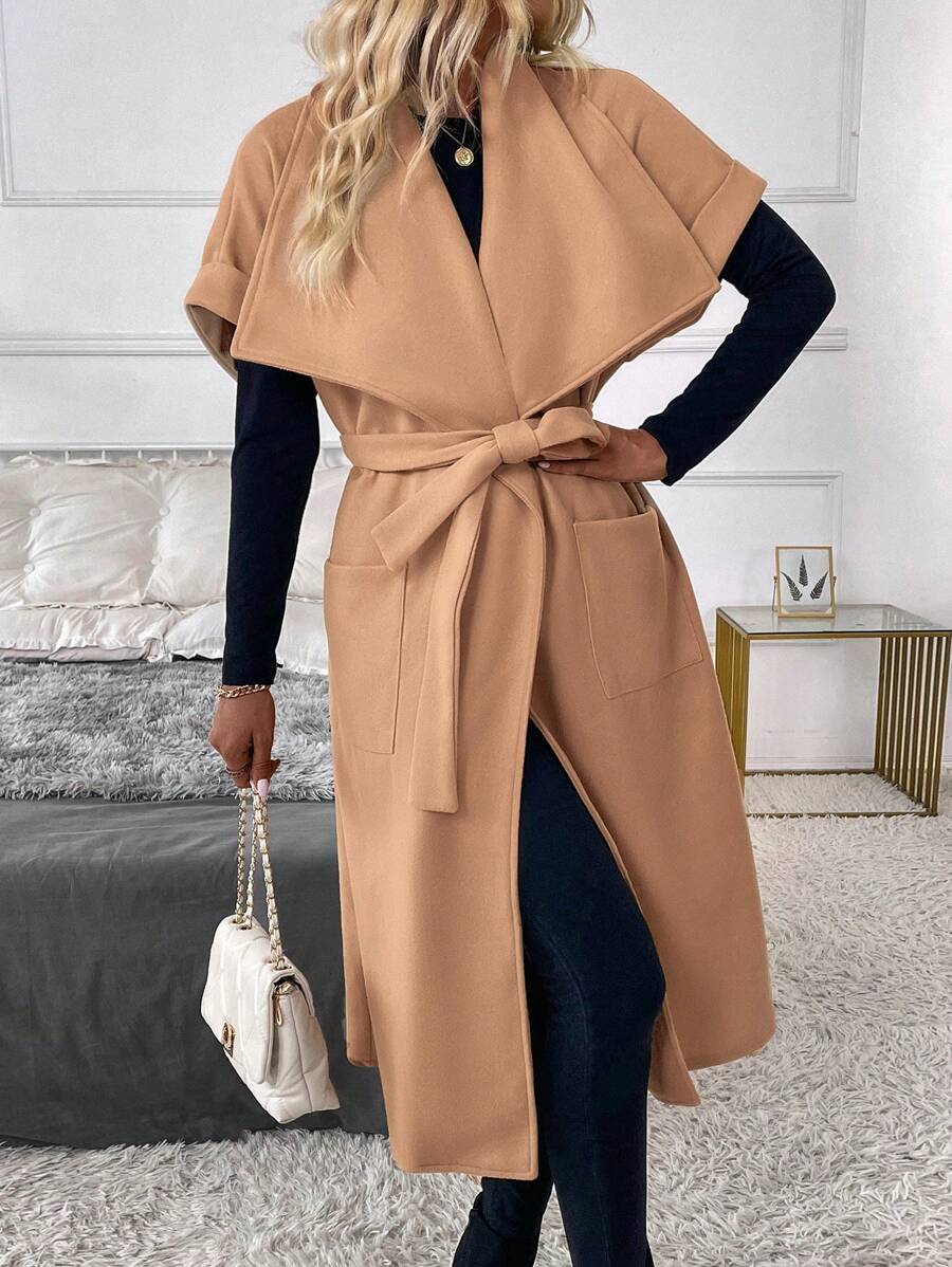 SHEIN Clasi Women's Solid Color Turndown Collar Double Pocket Long Sleeve Casual Coat, Autumn Winter - Camel - View 1