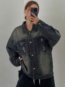 DAZY Women's Autumn/Winter Drop Shoulder Long Sleeve Distressed Washed Baggy Denim Jacket - Blue - View 3