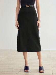 MOTF PREMIUM SOLID SPLIT BACK STRAIGHT SKIRT WITHOUT BELT - Black - View 4