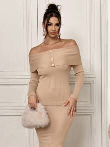Modelyn 2pcs Women Solid Color Off-Shoulder Long Sleeve Sweater And Long Maxi Skirt Set, Elegant Outfit 2 Pieces Set - Khaki - View 6