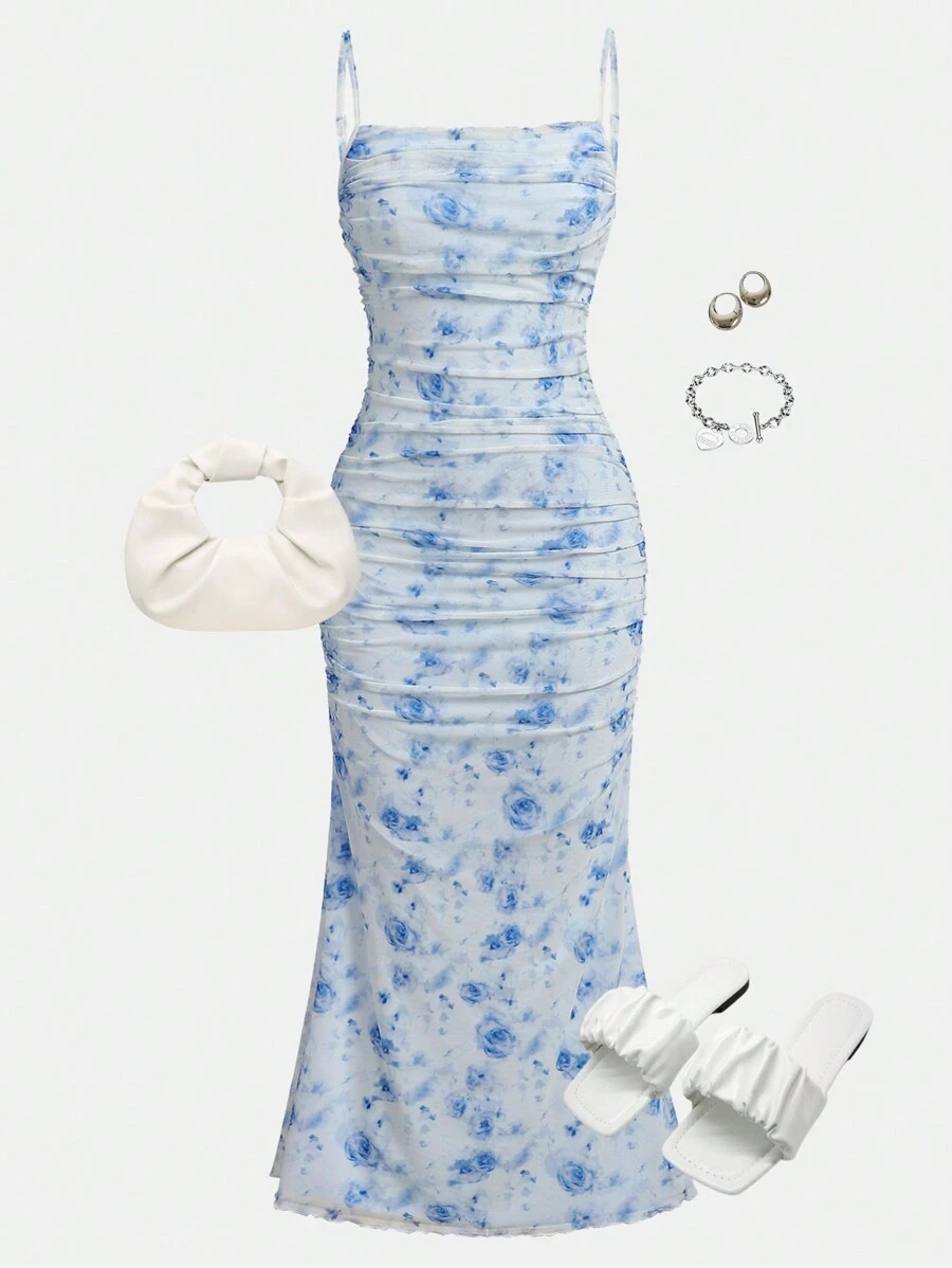 SHEIN Girlism Váy yếm lưới xếp nếp in hoa cho bé gái tuổi teen - Màu xanh nhạt - Xem 1