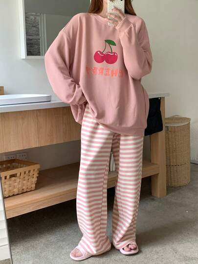 DAZY Cherry Pattern Knit Loose Pajama Set, Suitable For Autumn/Winter, Fall Clothes