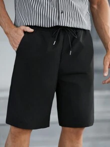 Manfinity Homme Men's Solid Color Patchwork Front Button Short Sleeve Shirt And Shorts Set - Black and White - View 4