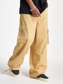 PAVTROS 男士卡其色休闲宽腿宽松纯色卡其色工装牛仔裤，适合送给丈夫、男朋友的礼物 - 卡其色 - 查看 6