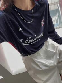 DAZY Women's Casual Loose Letter Print Round Neck Drop Shoulder Long Sleeve T-Shirt, Spring And Autumn,Graphic Tees