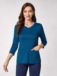 TaskEZ Simple V-Neck Long Sleeve Pocket Scrub Uniform Top