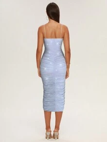 XLLAIS 节日亮片褶皱女士夏季连衣裙生日婚礼派对无袖网纱长裙返校优雅 - 藍色 - 查看 3